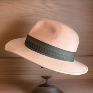 True Vintage Pink Wool Felt Fedora Gray Hat Band Doeskin USA Mad Men Mob Jazz